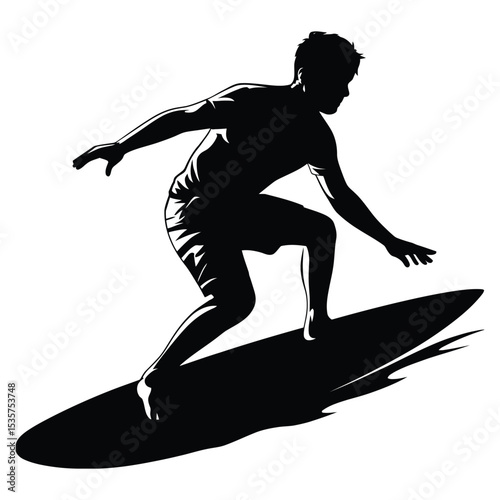 Silhouette of a surfer riding a surfboard in motion, balanced stance on white background, minimalist design

