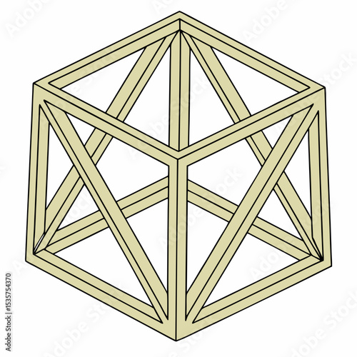3D isometric cube structure made of thin gold and navy-blue parallel lines, symmetrical abstract geometry