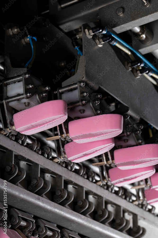 Fototapeta premium Close-Up of Pink Ice Cream Popsicles on Industrial Production Line – Frozen Dessert Manufacturing