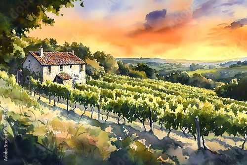 A rural stone house nestled within a vineyard at sunset. Picturesque landscape with grapevines and warm evening light