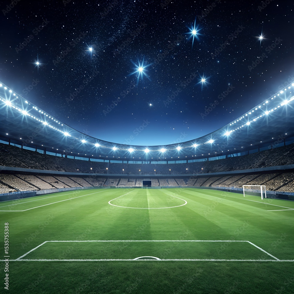 Fototapeta premium A digital illustration of a large, illuminated soccer stadium at night, with a clear view of the green field and glowing stars in the dark blue sky.