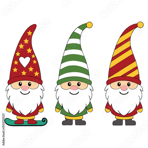 Adorable vector illustration of three colorful gnomes with whimsical cartoon character designs