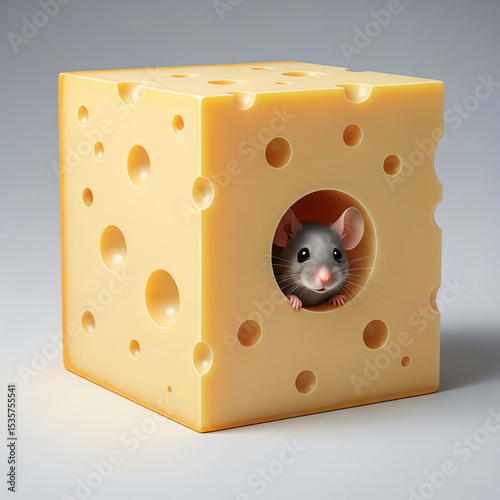 A mouse peeking out from a hole in a cube of Swiss cheese.