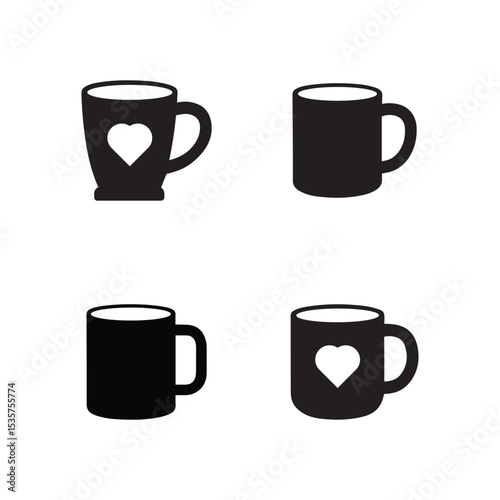 set of four black coffee mugs with heart designs in different positions, minimalist beverage illustration on white background