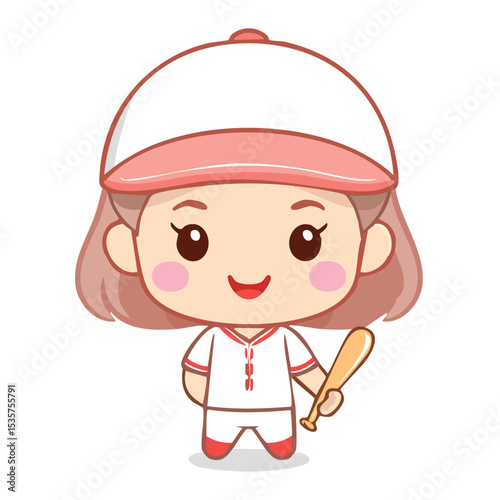 An adorable illustration of a baseball girl with a bat and cap. This illustration evokes feelings of playfulness, joy, and the excitement of a baseball game