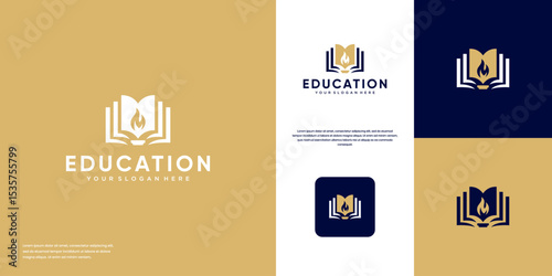 book and torch logo, learning spirit symbol, graphic design illustration.