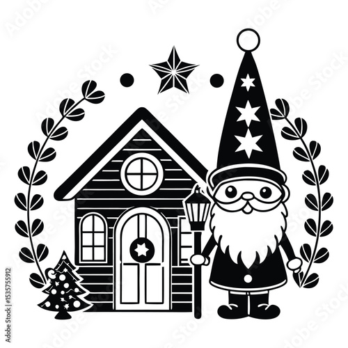 Black and white illustration of a festive christmas gnome standing near a cozy house