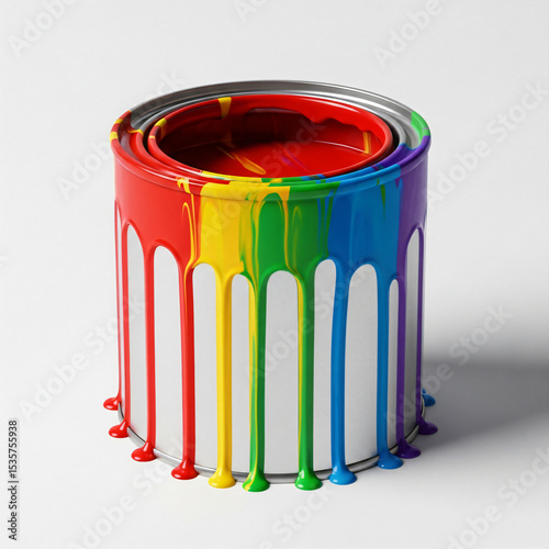 A paint can with colorful drips of rainbow paint on a white background.