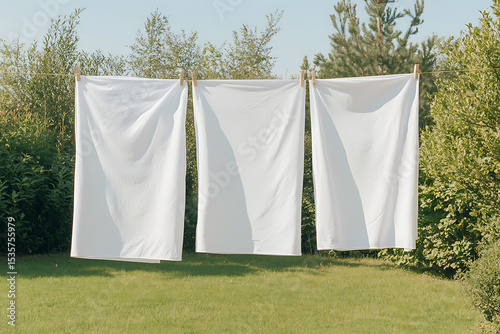 Fresh laundry drying outdoors on a sunny day. Clean white sheets gently sway, creating a peaceful scene of domesticity and sunshine.