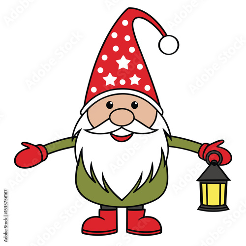 Charming cartoon gnome with red hat stars lantern christmas holiday decoration vector illustration