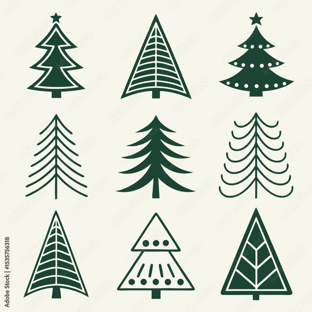 Obraz premium Collection of minimalist green christmas tree illustrations and festive holiday design elements