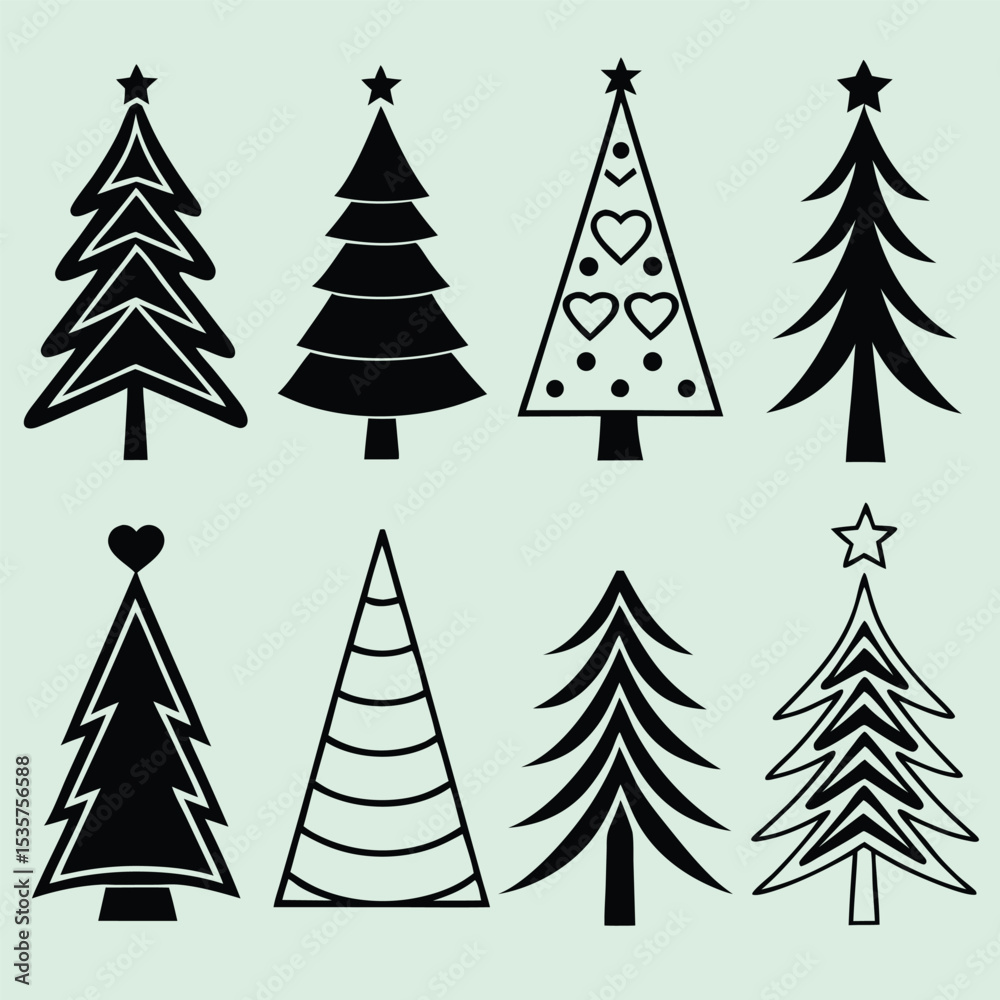 Obraz premium Collection of silhouetted black christmas trees in various modern designs for holiday decoration