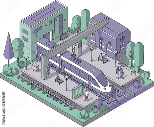Modern high speed train at station with urban buildings and green trees vector illustration 