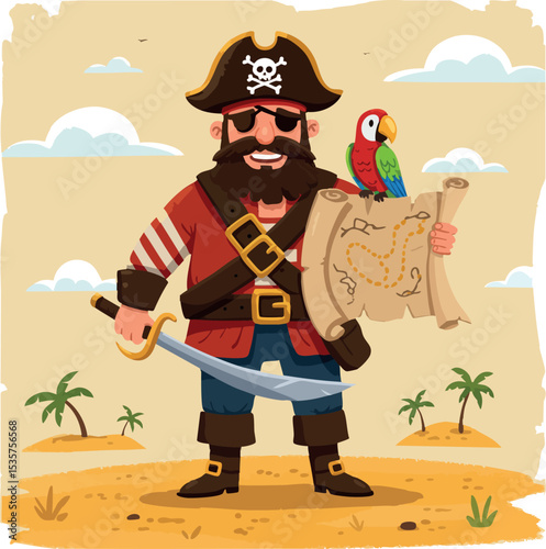Pirate with sword and map holding colorful parrot on desert island background vector illustration 
