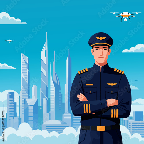 Pilot in uniform with drones and futuristic cityscape background vector illustration 