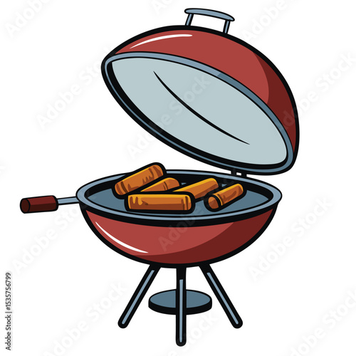 Isolated BBQ grill with an open lid and cooking sausages, ready for summer grilling and outdoor feasts