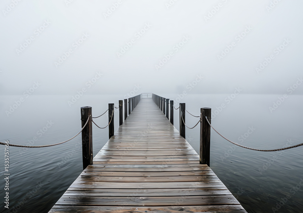 Naklejka premium Serene Foggy Lake Pier A Misty Wooden Dock Extending into the Unknown