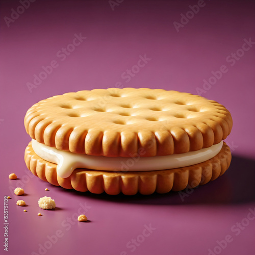 A sandwich cookie with golden-brown biscuits and white filling on a purple surface, with crumbs nearby.