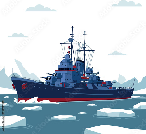 Battleship sailing through icy waters with floating icebergs vector illustration 