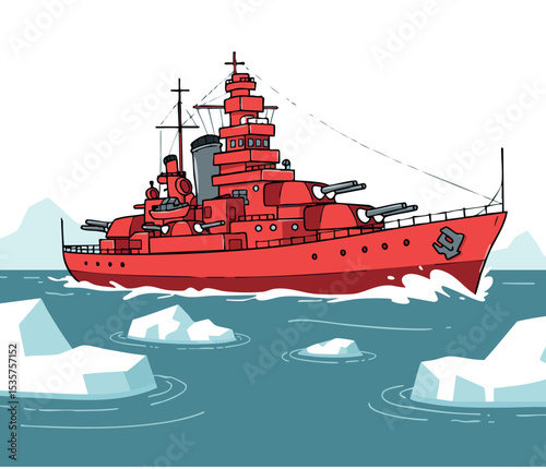 Red battleship sailing through icy ocean with detailed deck and turrets vector illustration 