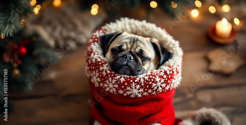 Sleepy pug wrapped in oversized red knit sweater, resting near warm holiday lights, looking cozy. Christmas, New Year or winter family celebration concept. dog apparel, lifestyle blog, card concept