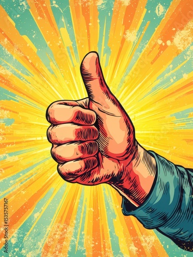 A hand with a thumb on a background of a sun burst