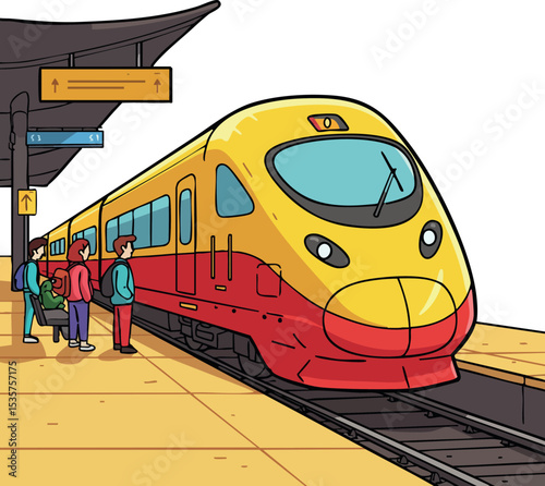 High speed yellow and red train arriving platform with waiting passengers vector illustration 