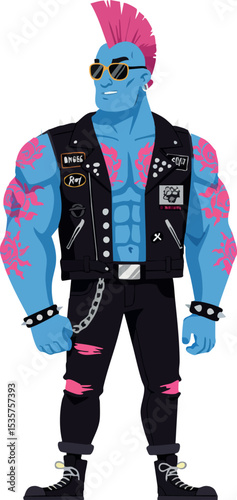 Blue muscular punk character with pink mohawk and sunglasses in edgy fashion vector illustration 