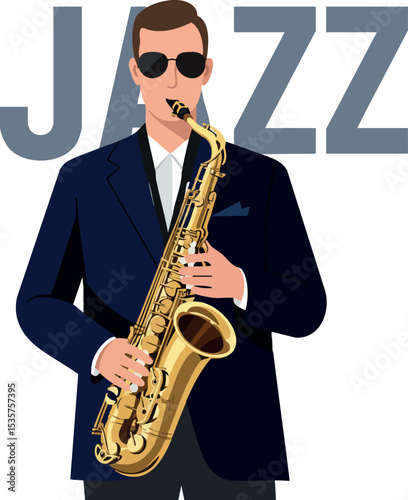 Jazz musician playing saxophone in dark suit with sunglasses vector illustration 