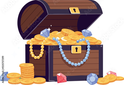 Treasure chest filled with gold coins diamonds and jewelry vector illustration 