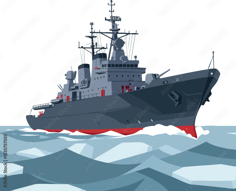 Obraz premium Military navy warship sailing on blue ocean waves vector illustration 