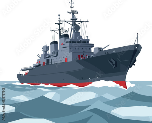Military navy warship sailing on blue ocean waves vector illustration 