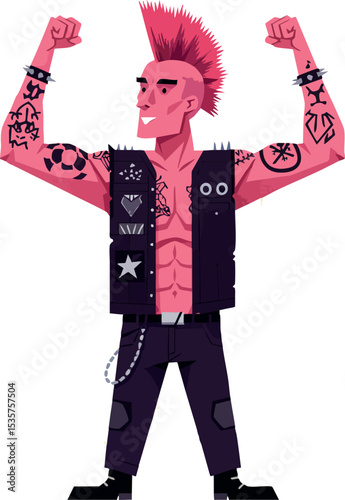 Punk man with mohawk hairstyle and tattoos flexing muscles in black vest and pants vector illustration 