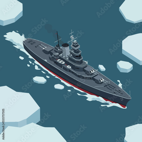 Military battleship sailing through icy waters with icebergs in cold ocean vector illustration 