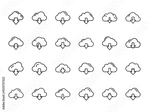 Bundle of 24 Cloud Download Silhouette Icons in Minimal Line Style on White Background – Cloud Storage, Data Download, and Digital File Transfer Symbols

