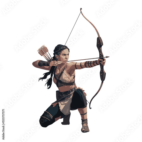 Elegant woman archer with bow and arrow aiming at target, a powerful silhouette for sport and warrior illustrations