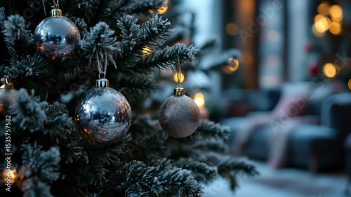 Close-up of Christmas tree branches decorated with golden baubles and lights outdoors, evoking warm festive mood. Christmas and New Year home decor concept. interior blog, product promo, cozy design 