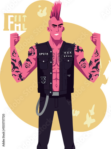 Punk man with mohawk hairstyle and tattoos wearing sleeveless vest vector illustration 