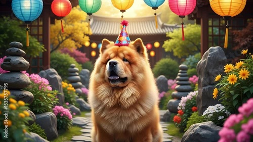 Fluffy chow chow wearing a party hat looking at the camera, surrounded by colorful balloons and lanterns. Birthday or Lunar New Year celebration concept. pet brand, kids party, event promo concept