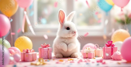 Fluffy white bunny looking at the camera surrounded by birthday cake, balloons and pink gifts. Birthday or Easter celebration concept. pet brand, bakery ad, kids greeting card concept