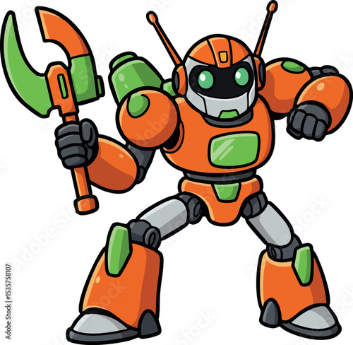 Orange and green futuristic robot holding axe vector illustration in cartoon style 