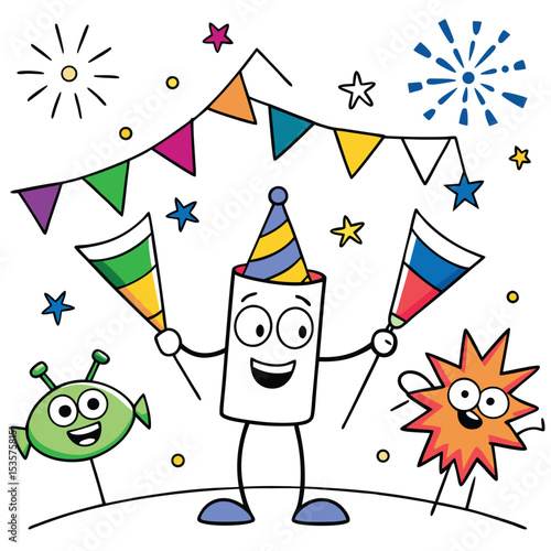 Engaging coloring page featuring fireworks and flags, a fun activity for children during patriotic holidays