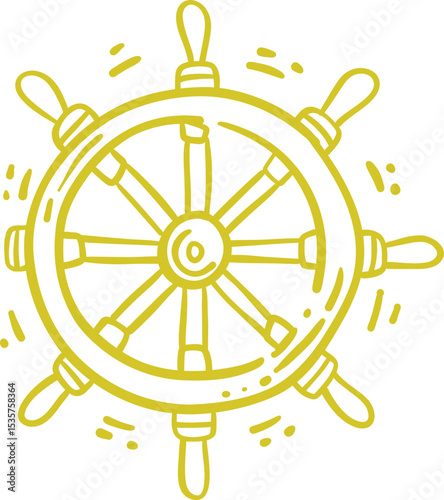 Hand Drawn Yellow Ship Wheel Summer Doodle Icon With Tropical Beach Travel Element