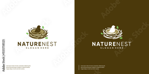 nature logo with bird nest concept, care for the environment, design vector illustration.