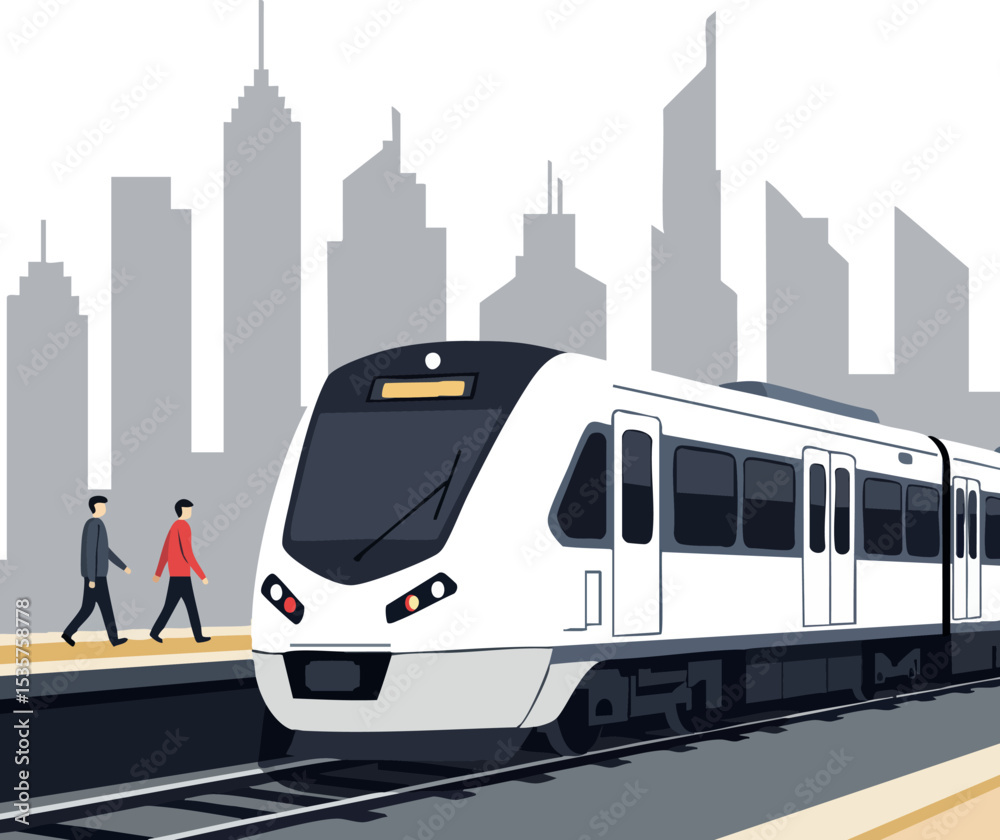 Fototapeta premium Modern white train with city skyline and pedestrians on platform vector illustration 