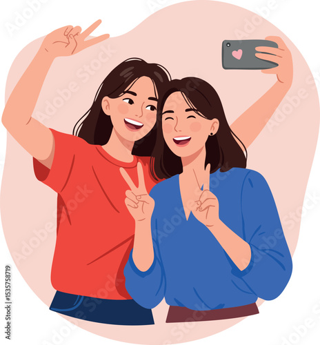 Two young women taking selfie with smartphone and making peace signs cheerful moment 