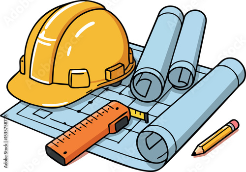 Construction helmet with blueprints ruler and pencil for engineering and building projects vector illustration 