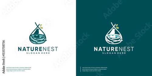 Protection symbol with bird nest concept, natural product, vector graphic template.