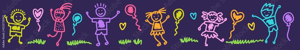 Fototapeta premium Horizontal illustration with funny kids and balloons, hand drawn in doodle style