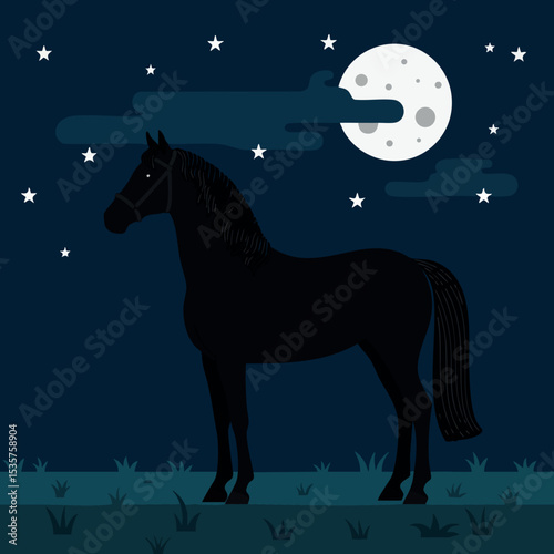 Black horse standing under full moon night sky with stars and clouds vector illustration 